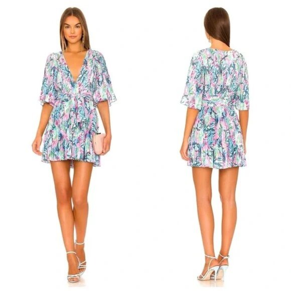 Saylor Tropical Pattern Byrd Pleated Bell Sleeve V Neck Short Dress Medium - Picture 1 of 9